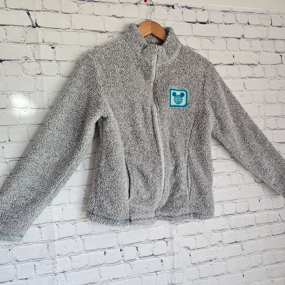Disney World Gray‎ Sherpa Fleece Zip Jacket Womens XS Soft Cozy Logo